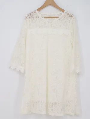 Zhao Xi Dress Womens M Shift White Floral Lace 3/4 Sleeve Scalloped Excellent thumbnail 1