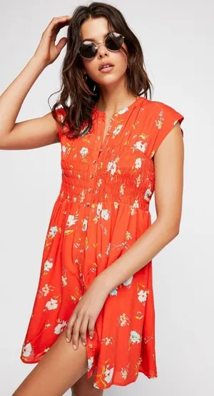 Free People Orange Floral Smocked Waist Button Front Mini Dress Cap Sleeve S thumbnail 1