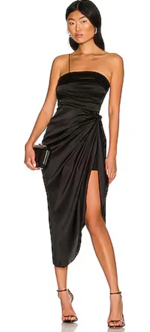 AIIFOS Erin Silk Strapless Asymmetrical Midi Dress Black Womens Medium REVOLVE‎ thumbnail 1