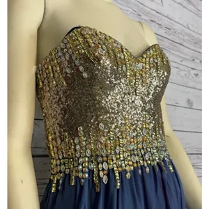 2000s Glow Dress Blue Chiffon Beaded Prom Gown Gold Sequin Formal Strapless S thumbnail 12