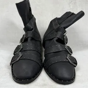 Free People Cyd Buckle Boot‎ Black Leather Studded Moto Ankle Boots Spain 36 thumbnail 2