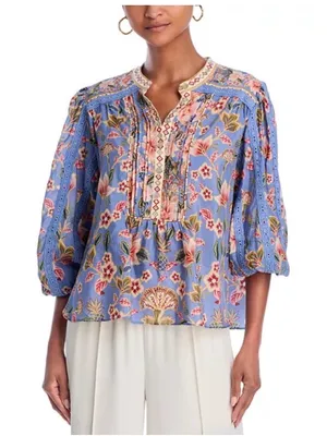FARM Rio Super Bloom Tapestry Blue Floral Blouse Top Size M thumbnail 10
