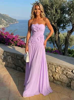 Fuchsia Chiffon Strapless Pleated Maxi Dress with 3D Flowers thumbnail 4