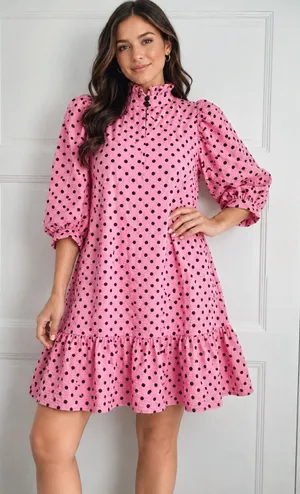 ASOS Pink Polka Dot Puff Sleeve Mini Dress US 2 thumbnail 1