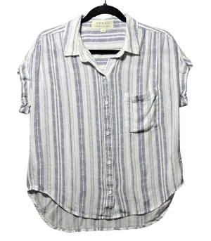 Cloth & Stone Blue White Striped Rayon‎ Button Down Shirt Cuffed Short Sleeve M thumbnail 1