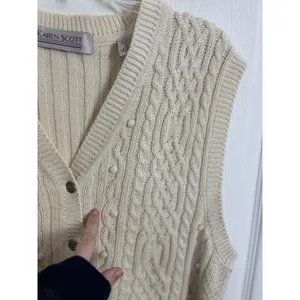 Karen Scott Vtg 90s Neutral Cable Knit Button Sweater Vest Fisherman Cottage Grandpa M Ramie thumbnail 7