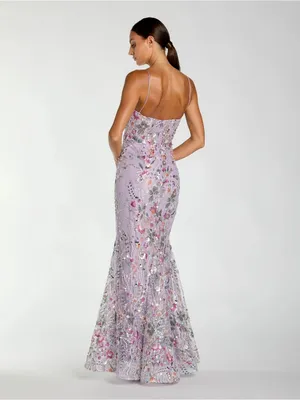 NWOT MAC DUGGAL 69049 Purple Spaghetti Strap Floral Embroidered Trumpet Gown thumbnail 5