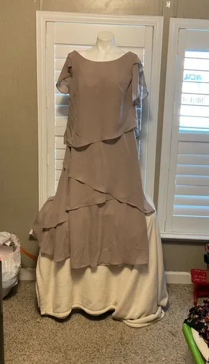 Layered Taupe Maxi Dress with Flutter Sleeves Brown Size 16 thumbnail 1