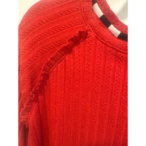 Tru Luxe Jeans Red Textured Knit Top Side Tie Checkered Trim gameday Small thumbnail 4