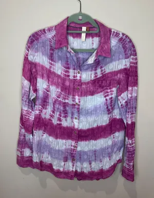 Pilcro Janesse Tie-Dye Button down‎ Shirt Sz M 100% Cotton Pink White Purple thumbnail 1
