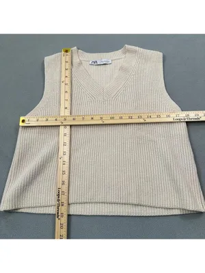 Zara Women's Beige Ribbed Knit Sweater Vest V-Neck Cropped Sleeveless Small thumbnail 4