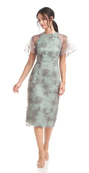 JS Collections Remy Sage Embroidered Flutter Sleeve Sheath Cocktail Midi Dress 6 thumbnail 1