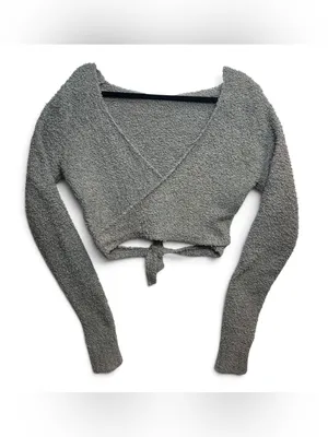 SKIMS Gray Cozy Knit Wrap Crop Top Long Sleeve Tie Waist L/XL thumbnail 3