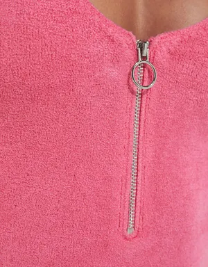 Bershka Pink Velvet Half Zip Up Bodysuit Top Shirt thumbnail 3