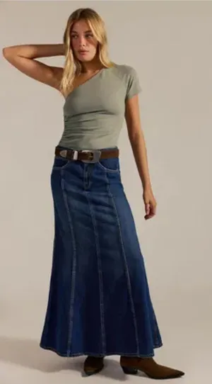 bebe vintage long denim skirt beaded Logo Dark raw edging Denim button fly thumbnail 1