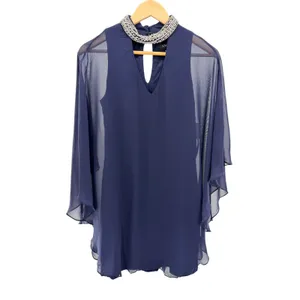 Xscape Chiffon Overlay Bead Choker Neck Shift Dress Sz 4 Navy Blue Cocktail NWT thumbnail 2