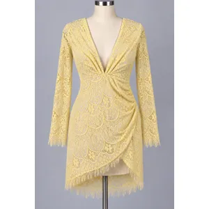 Reverse Australia Yellow Lace Long Sleeve Mini Dress V-Neck Open Back Sz Med NEW thumbnail 2