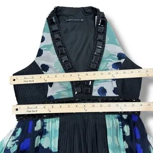 Zara Beaded Silk Pleated Multi Pattern Fit‎ Flare Halter Dress Black Teal Medium thumbnail 14