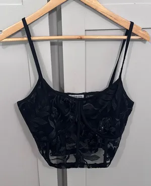 Charlotte Russe Black Floral Embroidered Mesh Corset Crop Top Sequin Bustier S thumbnail 1