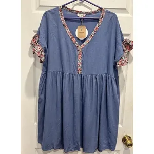 NWT Umgee USA Blue Floral Trim V Neck Button Front Babydoll Dress Size L Boho‎ thumbnail 4