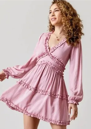 Francesca's Mi Ami Pink Lana Ruffle Coquette Babydoll Mini Dress thumbnail 1