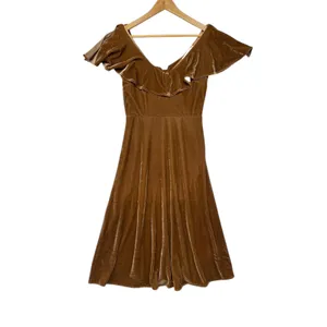 Line Dot Brown Velvet Ruffle Midi‎ Dress Winter Feminine Cocktail Holiday S thumbnail 6