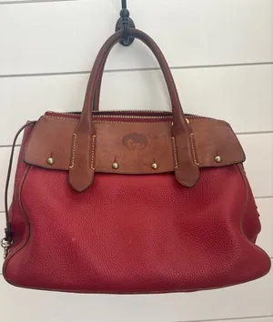 Vintage Dooney & Bourke Red Pebbled Leather Satchel Bag Tan Trim Duck Logo Large thumbnail 1