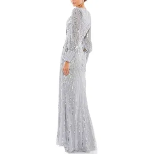Mac Duggal Sequined Wrap Over Bishop Sleeve‎ Gown 4 Silver Formal Gala Wedding thumbnail 2