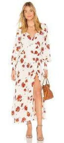 Free‎ People Maxi Dress So Sweetly S Ivory Red Floral Smocked Boho Long Sleeve thumbnail 1