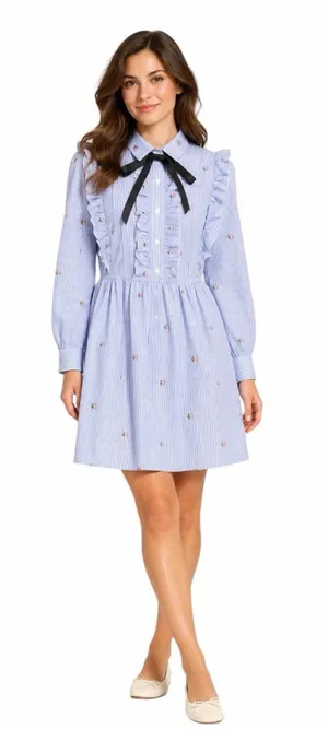 English Factory - Blue Pinstripe Floral Embroidered Ruffle Bow Dress Sz S thumbnail 1