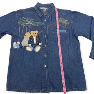 Vintage Embroidered Teddy Bear Chambray Denim Button Down Shirt Blue thumbnail 9