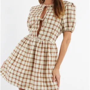 Motel Plaid Puff Sleeve Tie-Front Dress Size S Brown & Green Check Cottagecore thumbnail 3