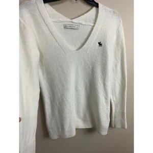 Vintage Abercrombie‎ & Fitch Womens V-Neck Ivory Pullover Small Solid Logo thumbnail 4
