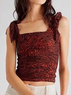 Free People Rust Zebra-Print Ruffle Strap Square Neck Crop Top S thumbnail 1