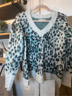 LOFT Grey Leopard-Print V-Neck Sweater with Teal Accents thumbnail 1