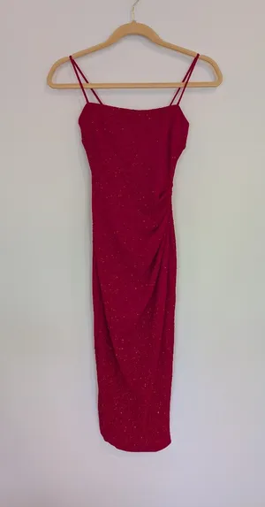Red Glitter Ruched Strappy Bodycon long Dress Sleeveless Pullover Women XS thumbnail 4