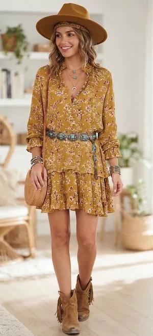 Pink Diamond Mustard Floral Ruffled Tiered Dress NWT Bohemian Mini Peasant M thumbnail 1