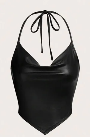 Draped Front Tie Backless Halter Top Faux Leather Size Xl New thumbnail 1