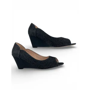 De Blossom Collection Black Rhinestone Glitter Peep Toe Wedge Heels Size‎ 9 thumbnail 2