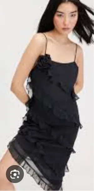 Monki NWT 46P Black Asymmetric Ruffle Midi Dress with 3D Flower Rosette Size S‎ thumbnail 1