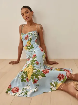Reformation Enya Floral Ruffle Light Blue Midi Dress thumbnail 9