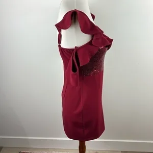 NaaNaa Burgundy Sequin Ruffle Off Shoulder Bodycon Mini Dress Size 10 thumbnail 12