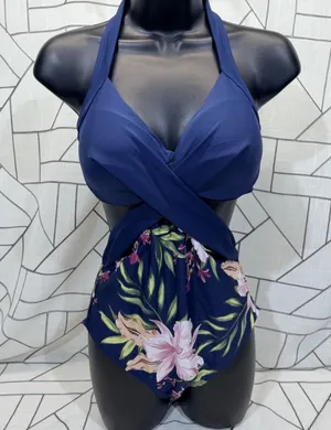 Cupshe One Piece‎ Swimsuit M Navy Blue Tropical Floral Wrap Halter Cutout NWT thumbnail 1