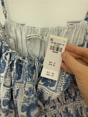 Abercrombie & Fitch Smocked Tie-Front Maxi Dress in Blue White Tile Stamp Medium thumbnail 5