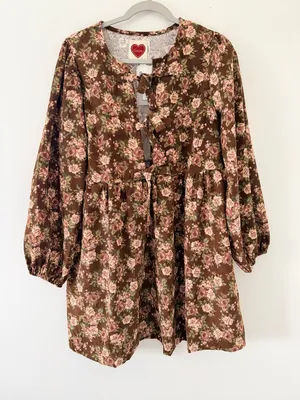Bohme LovLov Beatrice Corduroy Brown Floral Mini Dress size large thumbnail 3