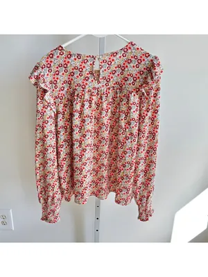 Loft EUC Women's Red Yellow Floral Smocked Ruffle Shoulder Knit Blouse Size L thumbnail 6