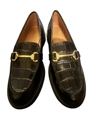 Madewell Bradley Size 7 Lugsole Loafer Croc Embossed Black Gold Horse bit thumbnail 4