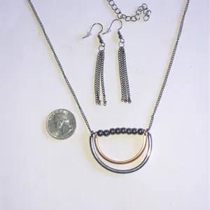 Dark Metal Two-Tone Half-Circle Pendant Necklace & Tassel Earring Set thumbnail 3