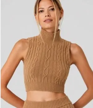Alo Yoga Cable Knit Winter Bliss Mock Neck Tank Toasted Almond M thumbnail 1