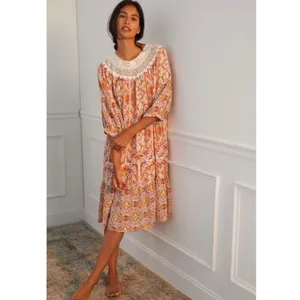 Anthropologie Lounge Dress Florence Floral Lace XS Boho Tiered Puff Sleeve thumbnail 14
